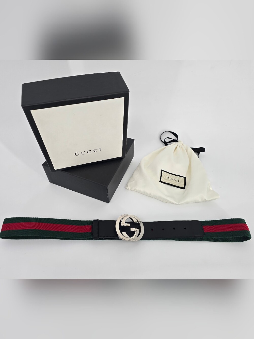 Gucci Green/Red Web Canvas Leather Belt with Silver GG Buckle